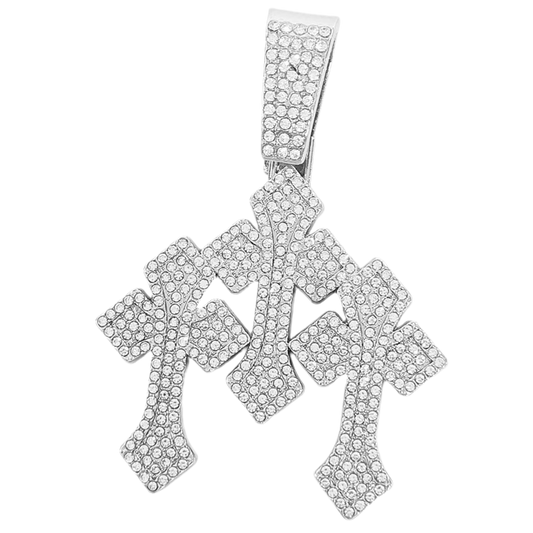 COLGANTE TRIPLE CRUZ CON DIAMANTES EN PLATA Y ORO